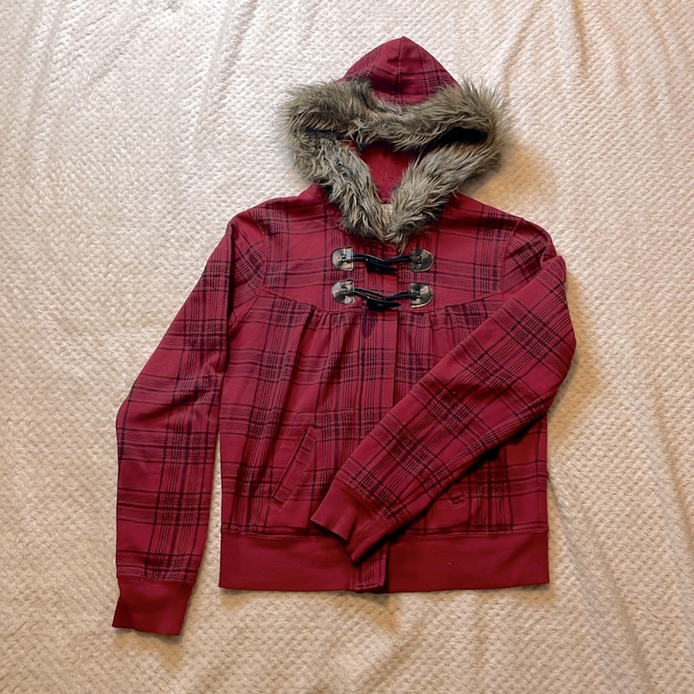 Red Plaid Jacket. Zip up with parka hood faux fur trim. Size Medium.